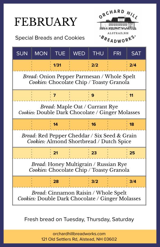 Monthly Bread Calendar Orchard Hill Breadworks